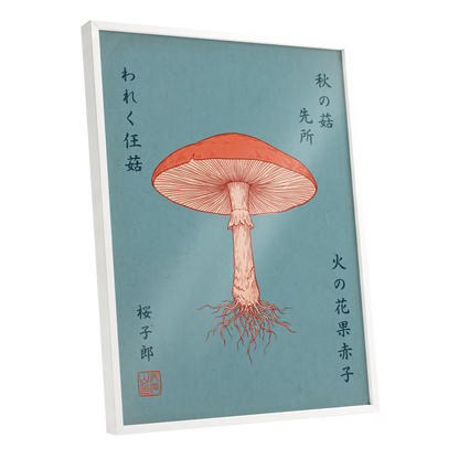 Scarlet Gills, blue, orange, beige nature wall art shown as a white framed poster wall art print