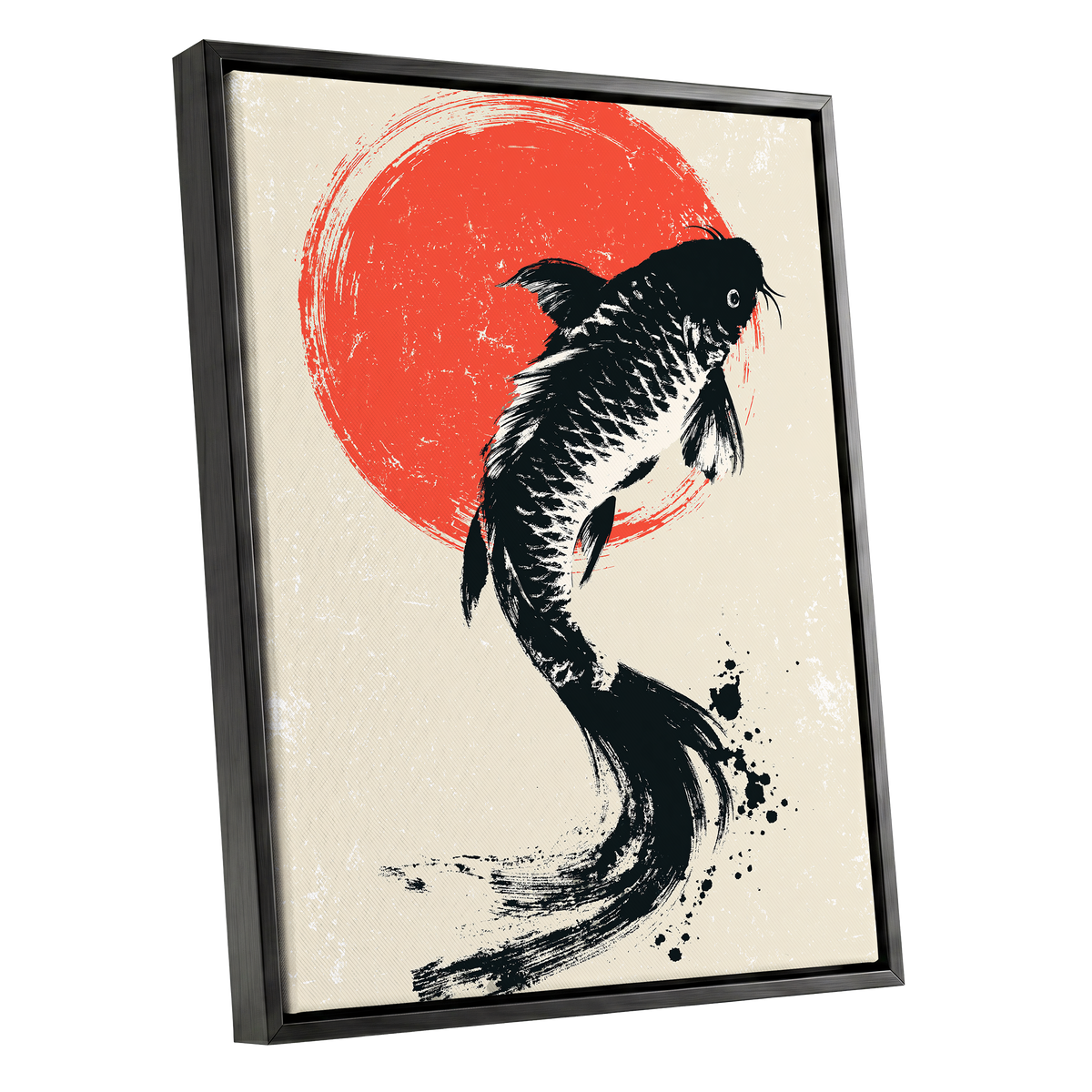 Scarlet Koi Ascent, black, red, beige nature wall art shown as a black framed canvas wall art