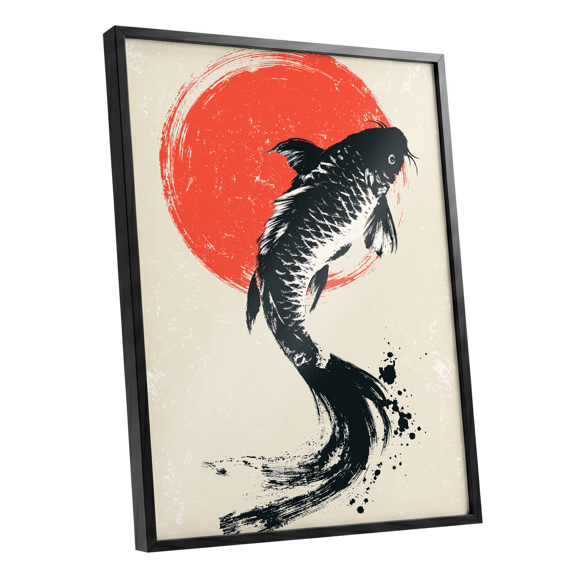 Scarlet Koi Ascent, black, red, beige nature wall art shown as a black framed poster wall art print