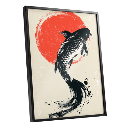 Scarlet Koi Ascent, black, red, beige nature wall art shown as a black framed poster wall art print