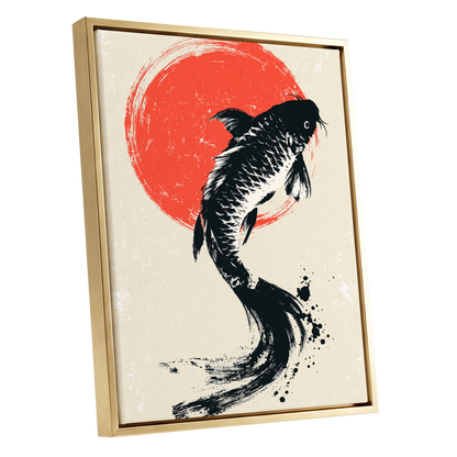 Scarlet Koi Ascent, black, red, beige nature wall art shown as a gold framed canvas wall art