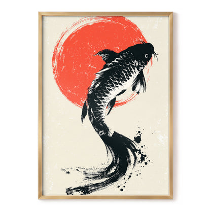 Scarlet Koi Ascent, black, red, beige nature wall art, front artwork view