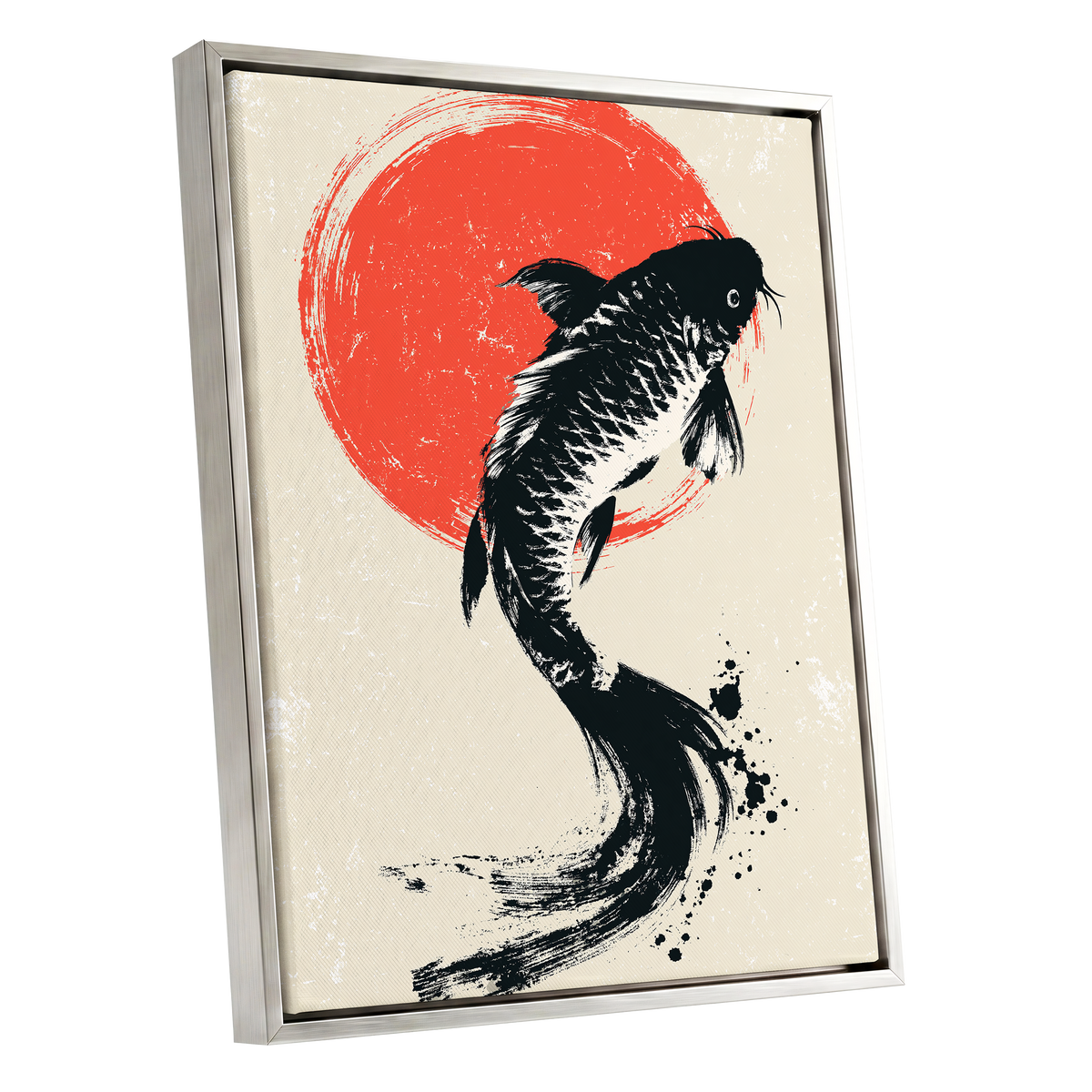 Scarlet Koi Ascent, black, red, beige nature wall art shown as a silver framed canvas wall art