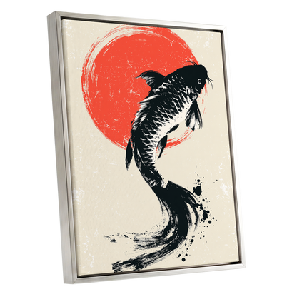 Scarlet Koi Ascent, black, red, beige nature wall art shown as a silver framed canvas wall art
