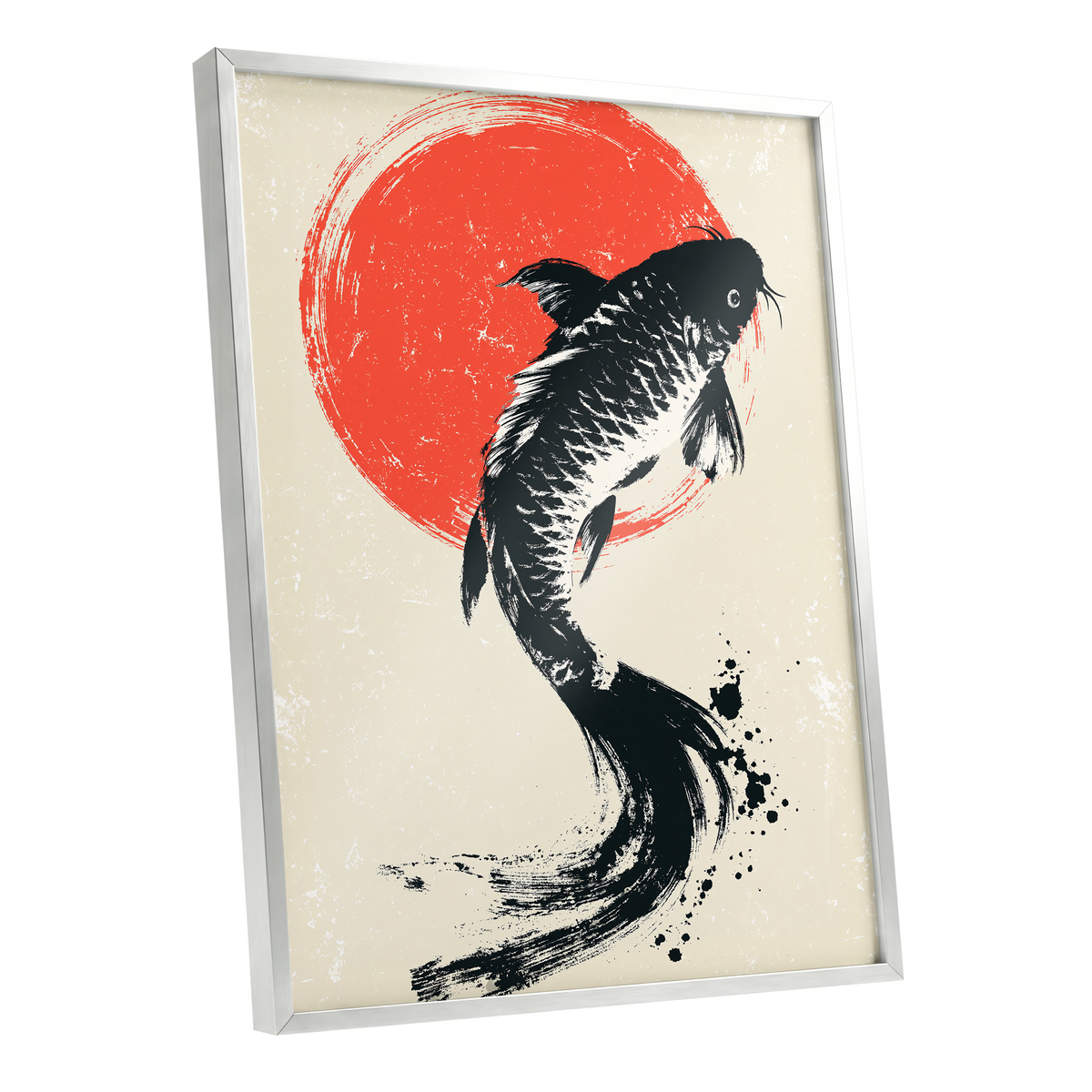 Scarlet Koi Ascent, black, red, beige nature wall art shown as a silver framed poster wall art print
