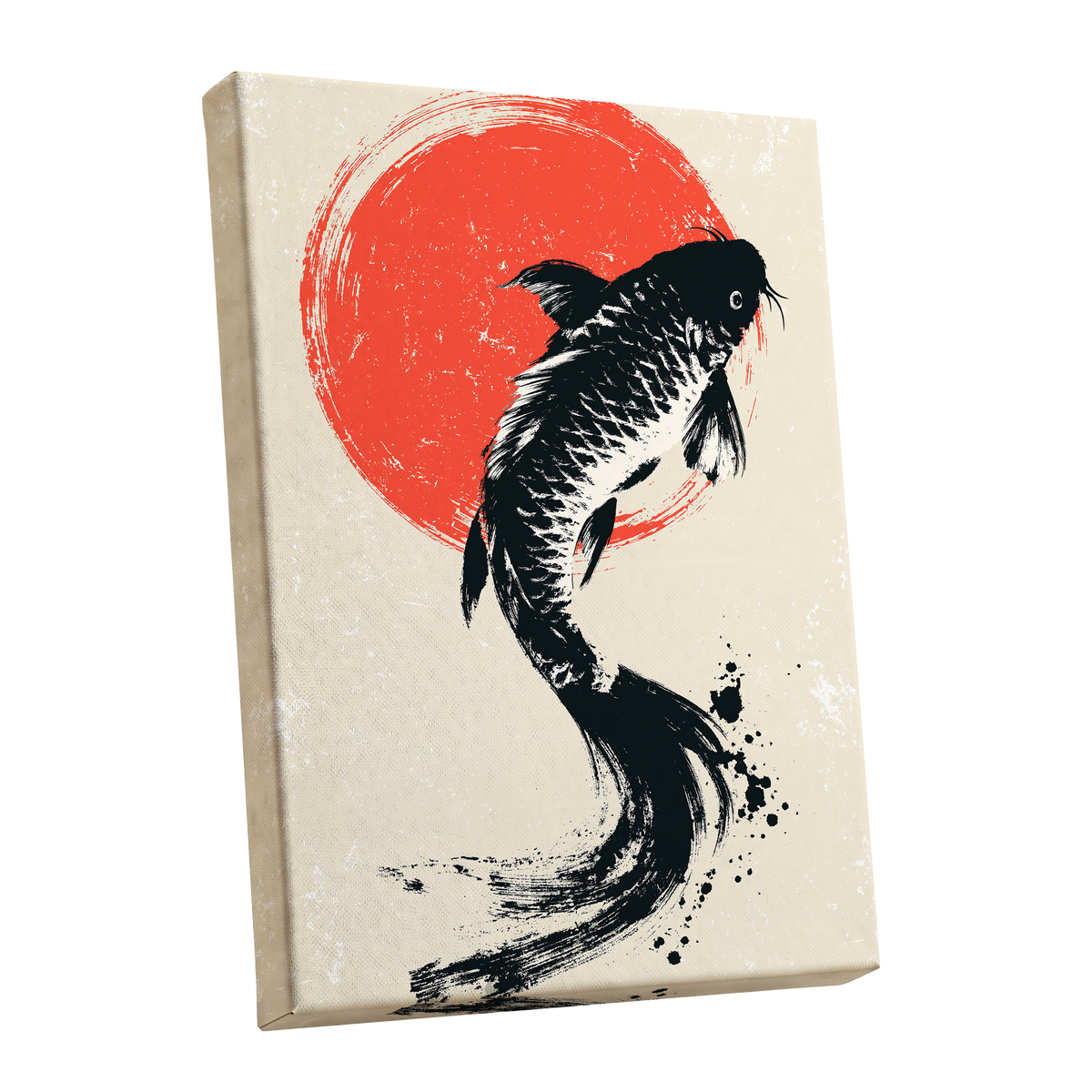 Scarlet Koi Ascent, black, red, beige nature wall art shown as a stretched canvas wall art