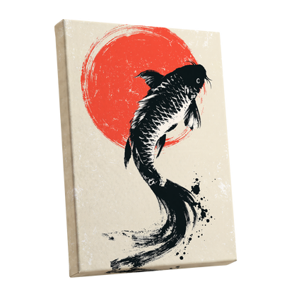 Scarlet Koi Ascent, black, red, beige nature wall art shown as a stretched canvas wall art