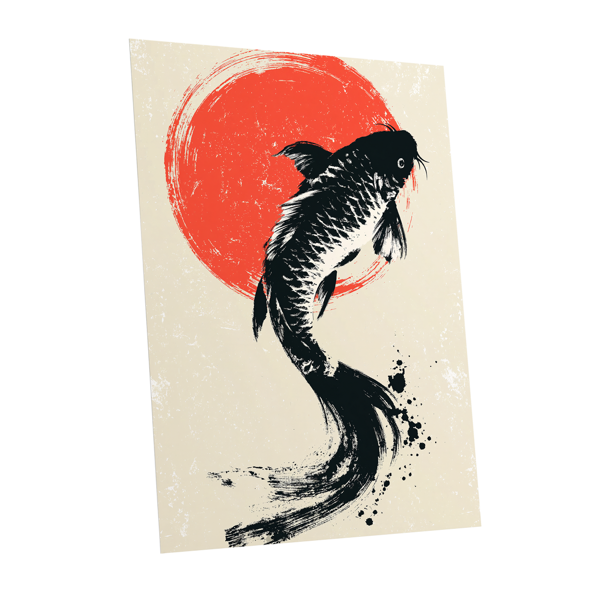 Scarlet Koi Ascent, black, red, beige nature wall art shown as a unframed poster wall art print