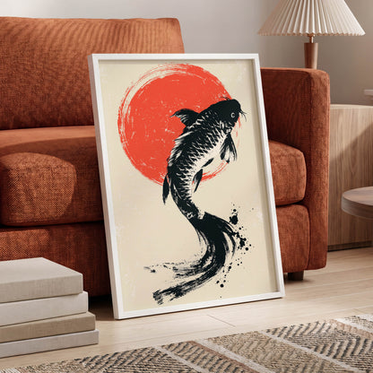 Scarlet Koi Ascent, black, red, beige nature wall art displayed in a styled interior, gallery view 2
