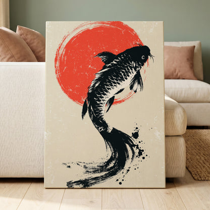 Scarlet Koi Ascent, black, red, beige nature wall art displayed in a styled interior, gallery view 3