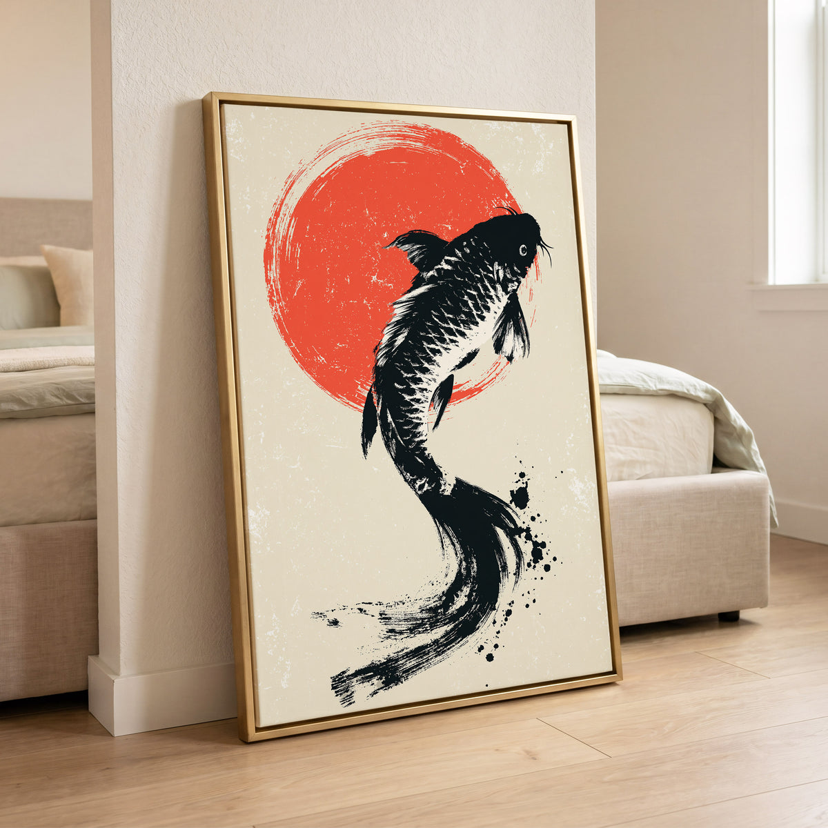 Scarlet Koi Ascent, black, red, beige nature wall art displayed in a styled interior, gallery view 4