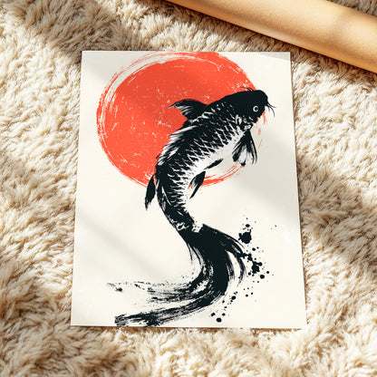 Scarlet Koi Ascent, black, red, beige nature wall art displayed in a styled interior, gallery view 5