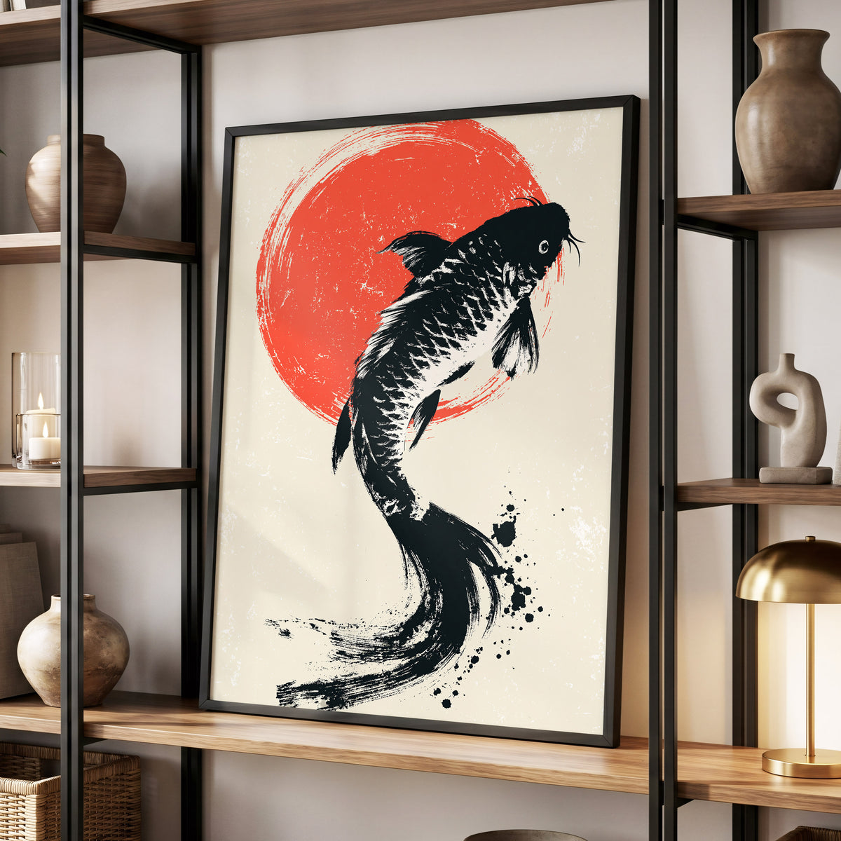 Scarlet Koi Ascent, black, red, beige nature wall art displayed in a styled interior, gallery view 6