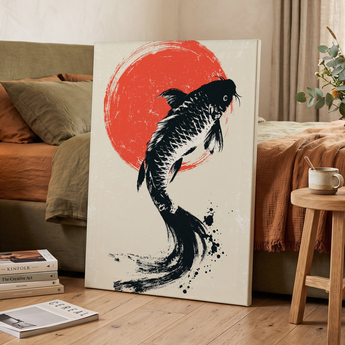 Scarlet Koi Ascent, black, red, beige nature wall art displayed in a styled interior, gallery view 7
