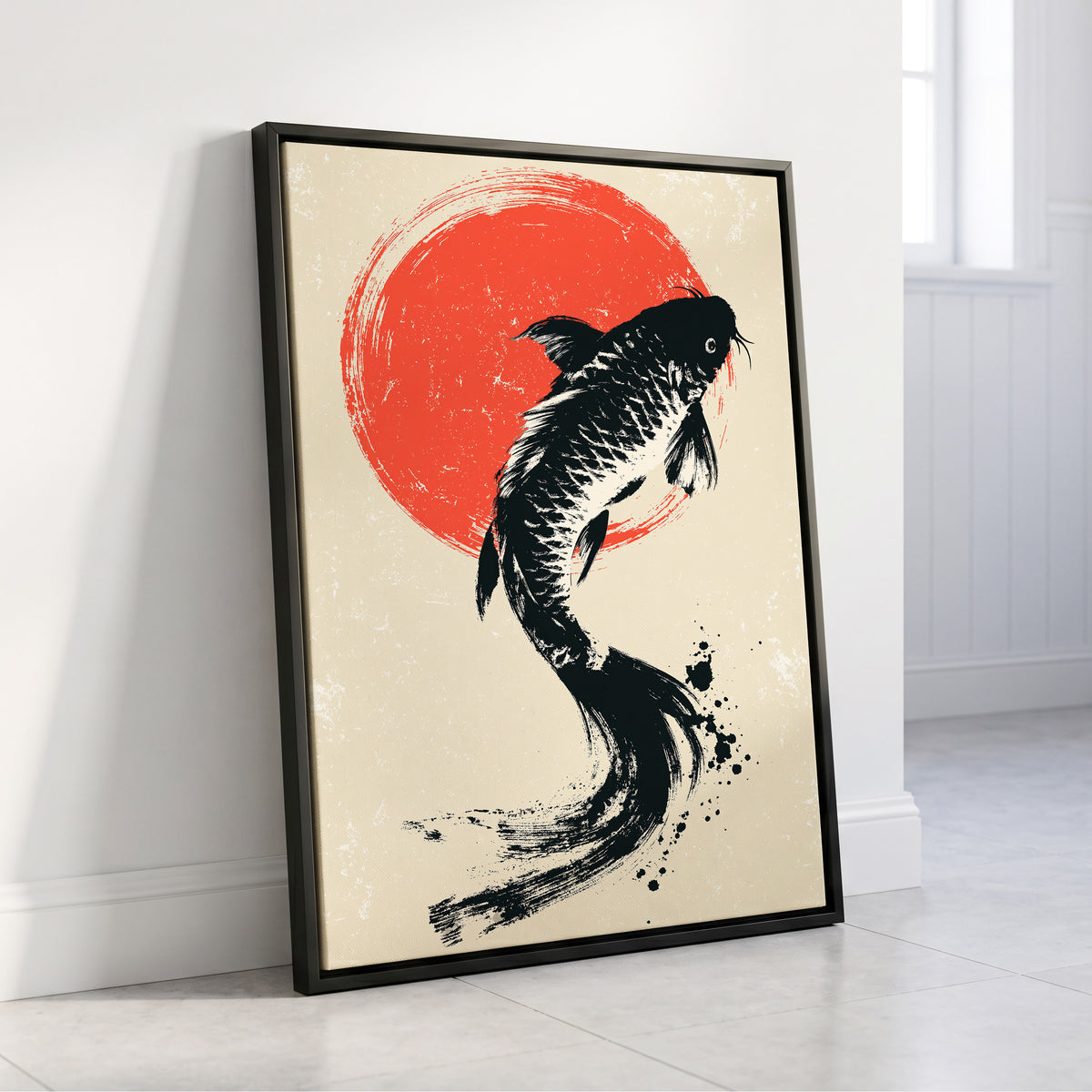 Scarlet Koi Ascent, black, red, beige nature wall art displayed in a styled interior, gallery view 8