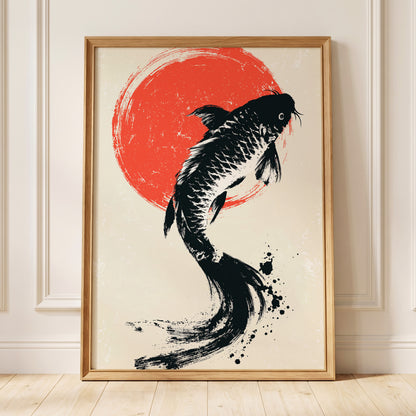 Scarlet Koi Ascent, black, red, beige nature wall art displayed in a styled interior, gallery view 9