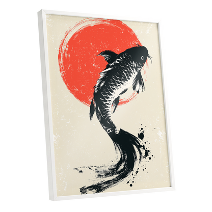 Scarlet Koi Ascent, black, red, beige nature wall art shown as a white framed poster wall art print