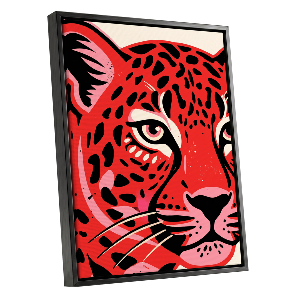 Scarlet Leopard Gaze, red, black, pink nature wall art shown as a black framed canvas wall art