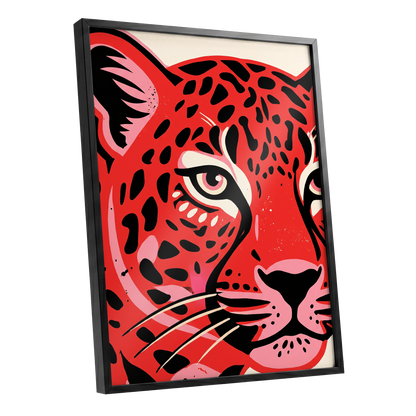 Scarlet Leopard Gaze, red, black, pink nature wall art shown as a black framed poster wall art print