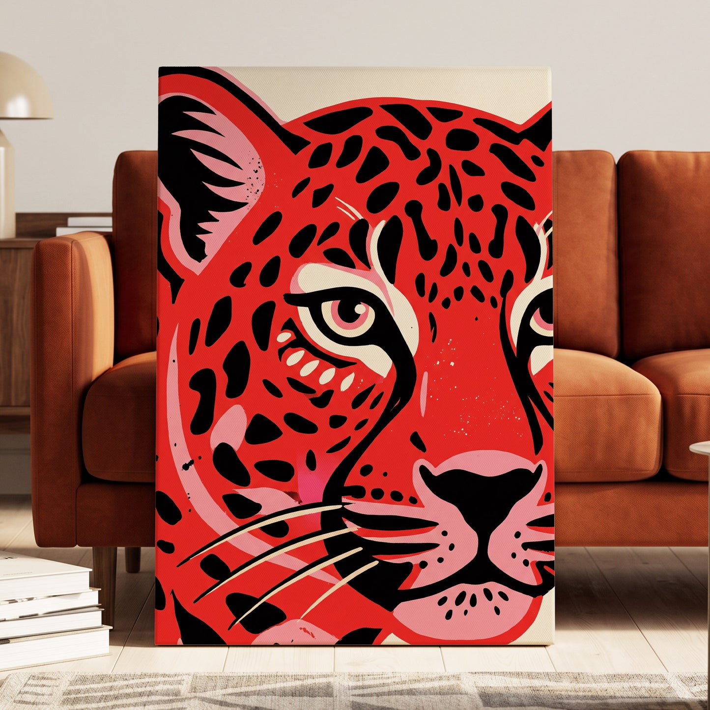 Scarlet Leopard Gaze, red, black, pink nature wall art on canvas displayed in a styled interior, gallery view 1