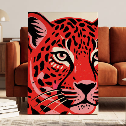 Scarlet Leopard Gaze, red, black, pink nature wall art on canvas displayed in a styled interior, gallery view 1