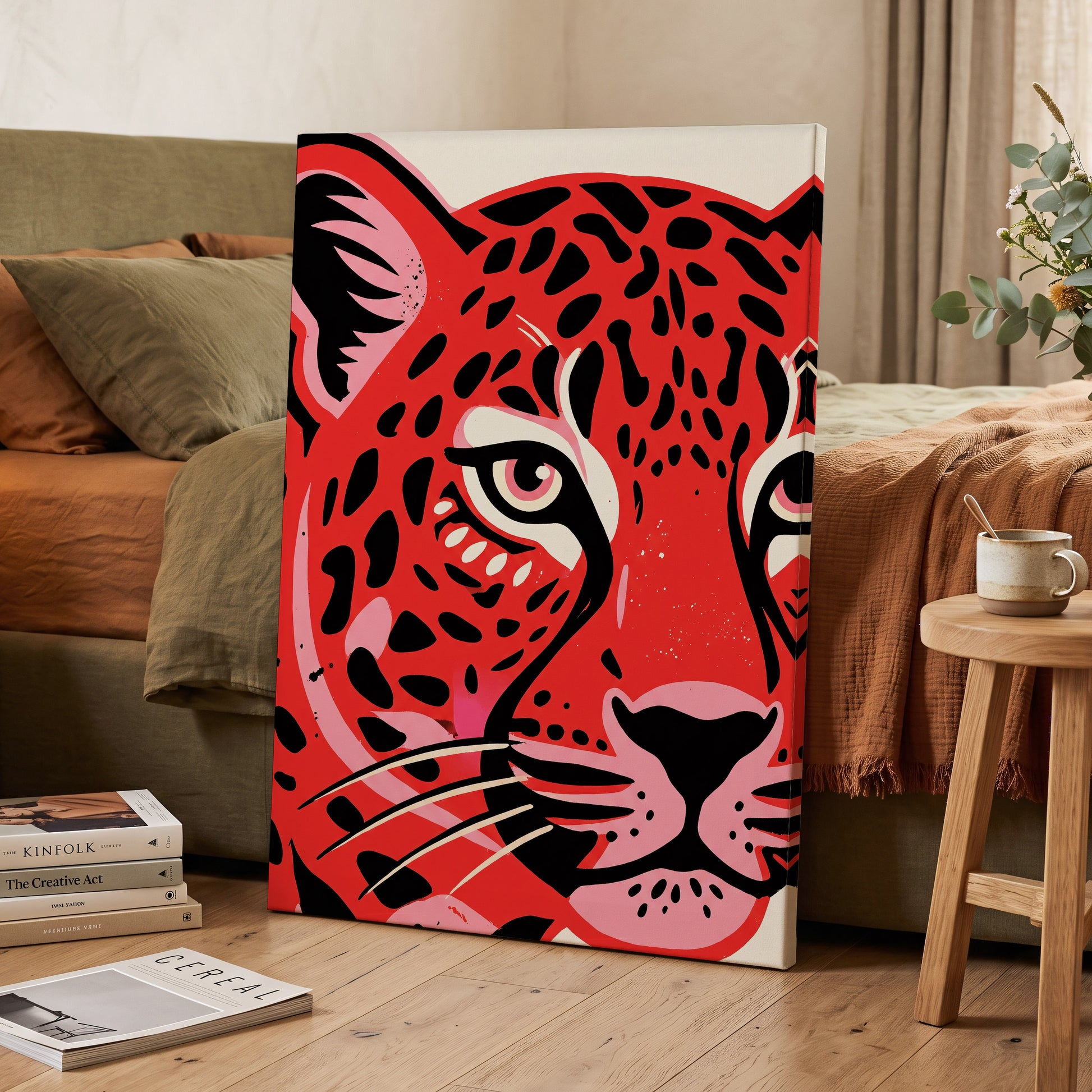 Scarlet Leopard Gaze, red, black, pink nature wall art on canvas displayed in a styled interior, gallery view 2