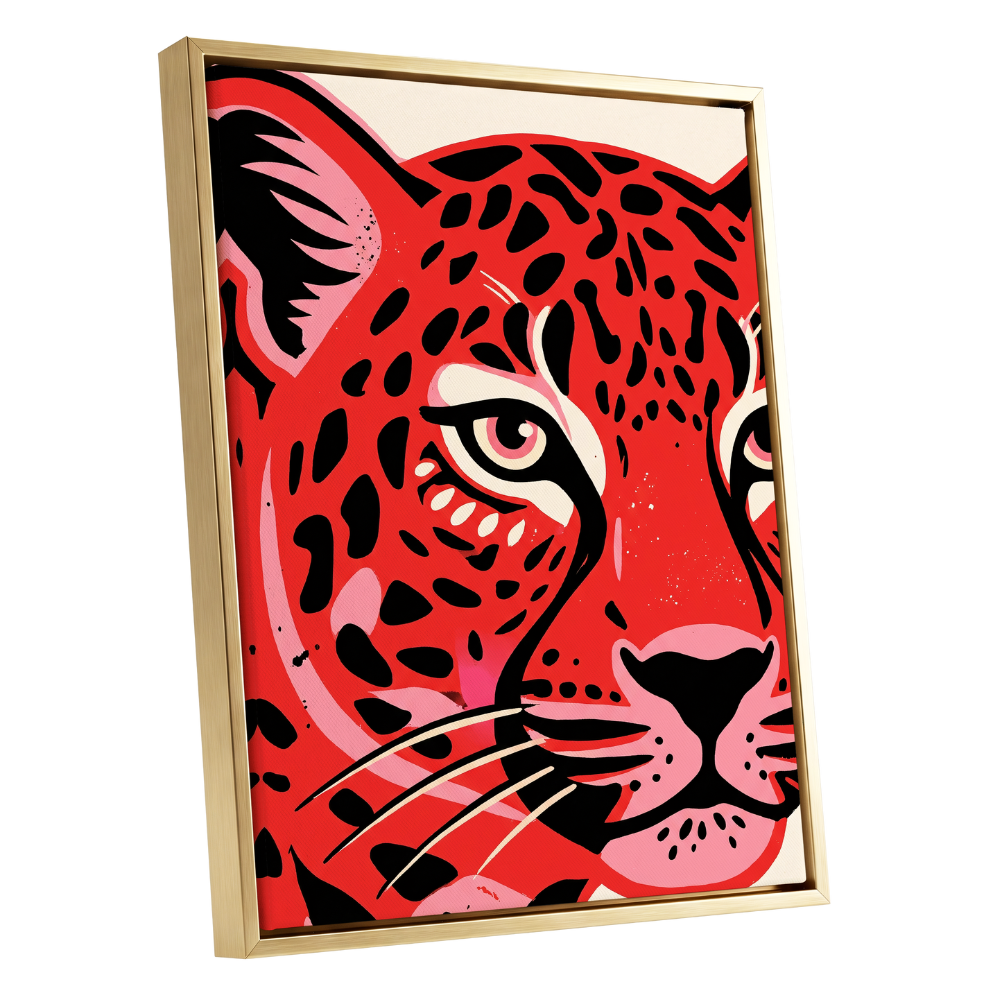 Scarlet Leopard Gaze, red, black, pink nature wall art shown as a gold framed canvas wall art