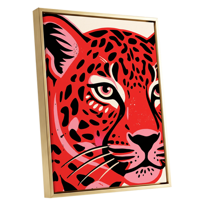 Scarlet Leopard Gaze, red, black, pink nature wall art shown as a gold framed canvas wall art