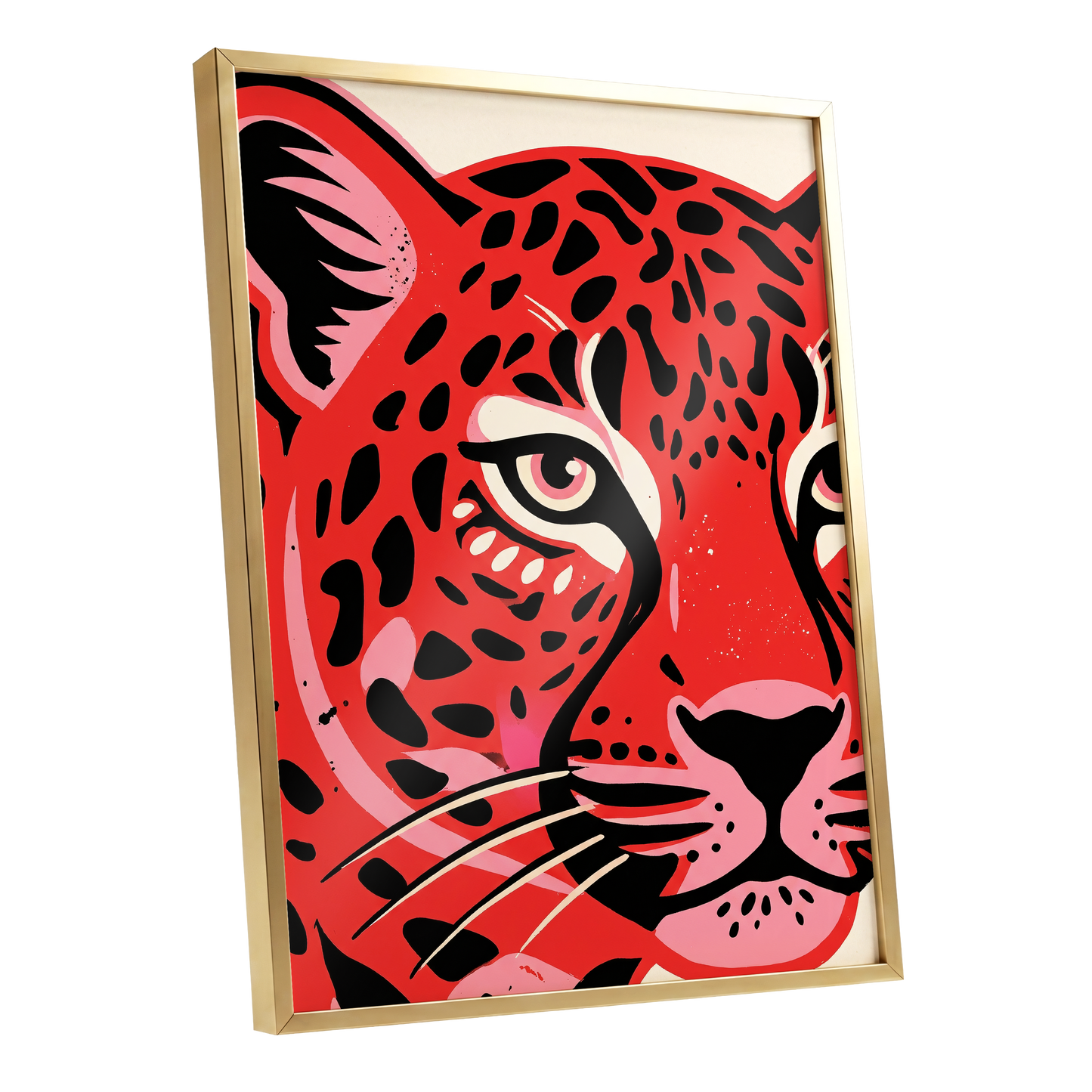 Scarlet Leopard Gaze, red, black, pink nature wall art shown as a gold framed poster wall art print