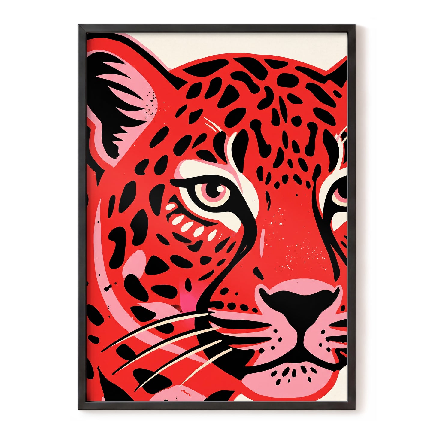 Scarlet Leopard Gaze, red, black, pink nature wall art, front artwork view