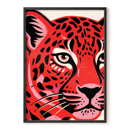 Scarlet Leopard Gaze, red, black, pink nature wall art, front artwork view