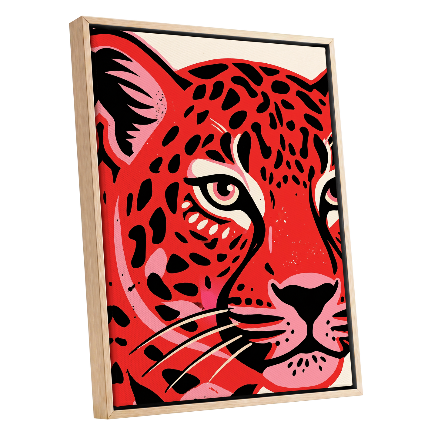 Scarlet Leopard Gaze, red, black, pink nature wall art shown as a oak framed canvas wall art