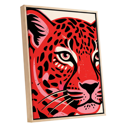 Scarlet Leopard Gaze, red, black, pink nature wall art shown as a oak framed canvas wall art