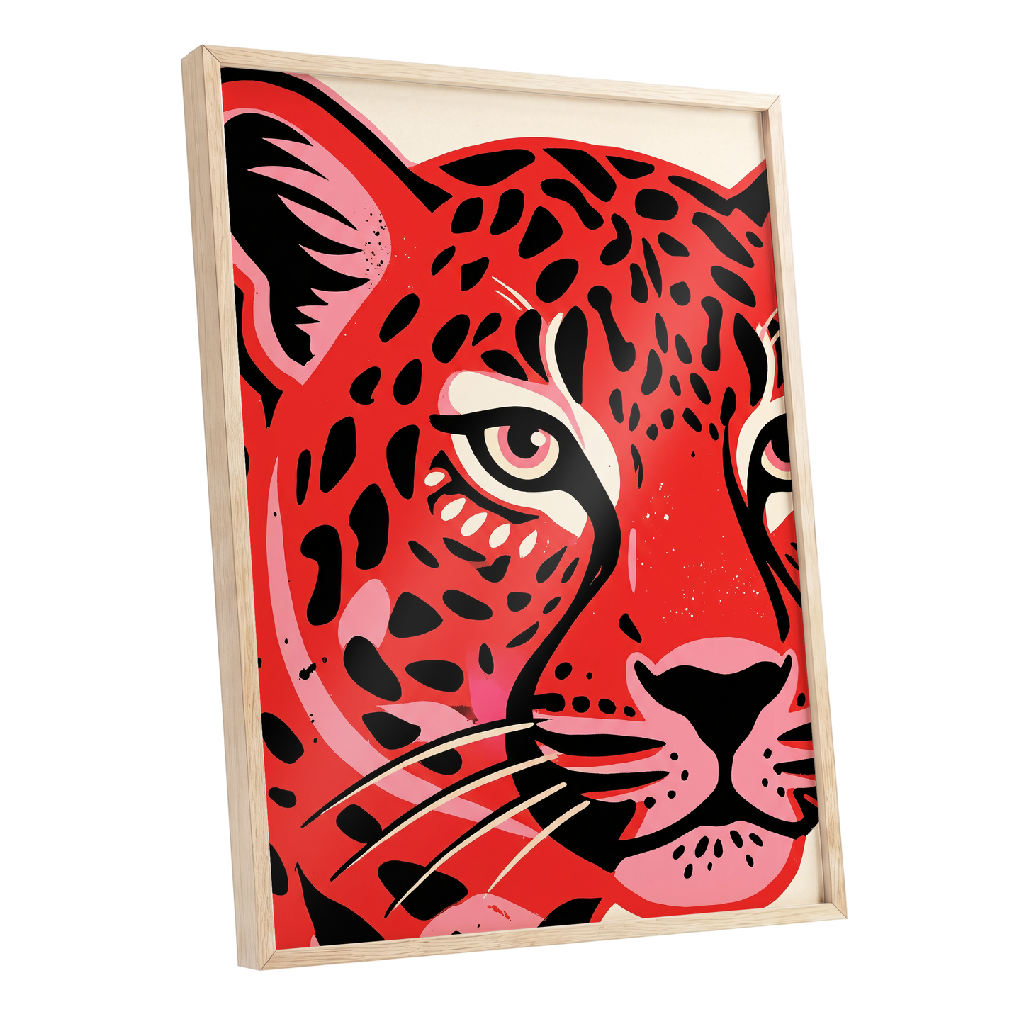 Scarlet Leopard Gaze, red, black, pink nature wall art shown as a oak framed poster wall art print