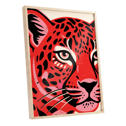 Scarlet Leopard Gaze, red, black, pink nature wall art shown as a oak framed poster wall art print