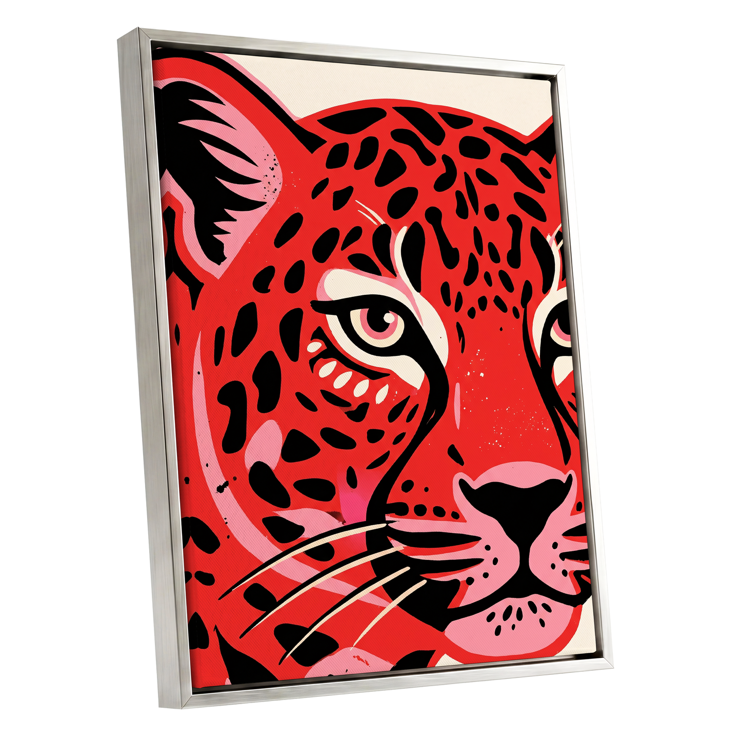 Scarlet Leopard Gaze, red, black, pink nature wall art shown as a silver framed canvas wall art