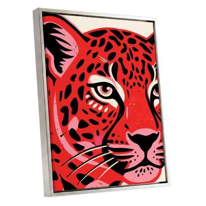 Scarlet Leopard Gaze, red, black, pink nature wall art shown as a silver framed canvas wall art