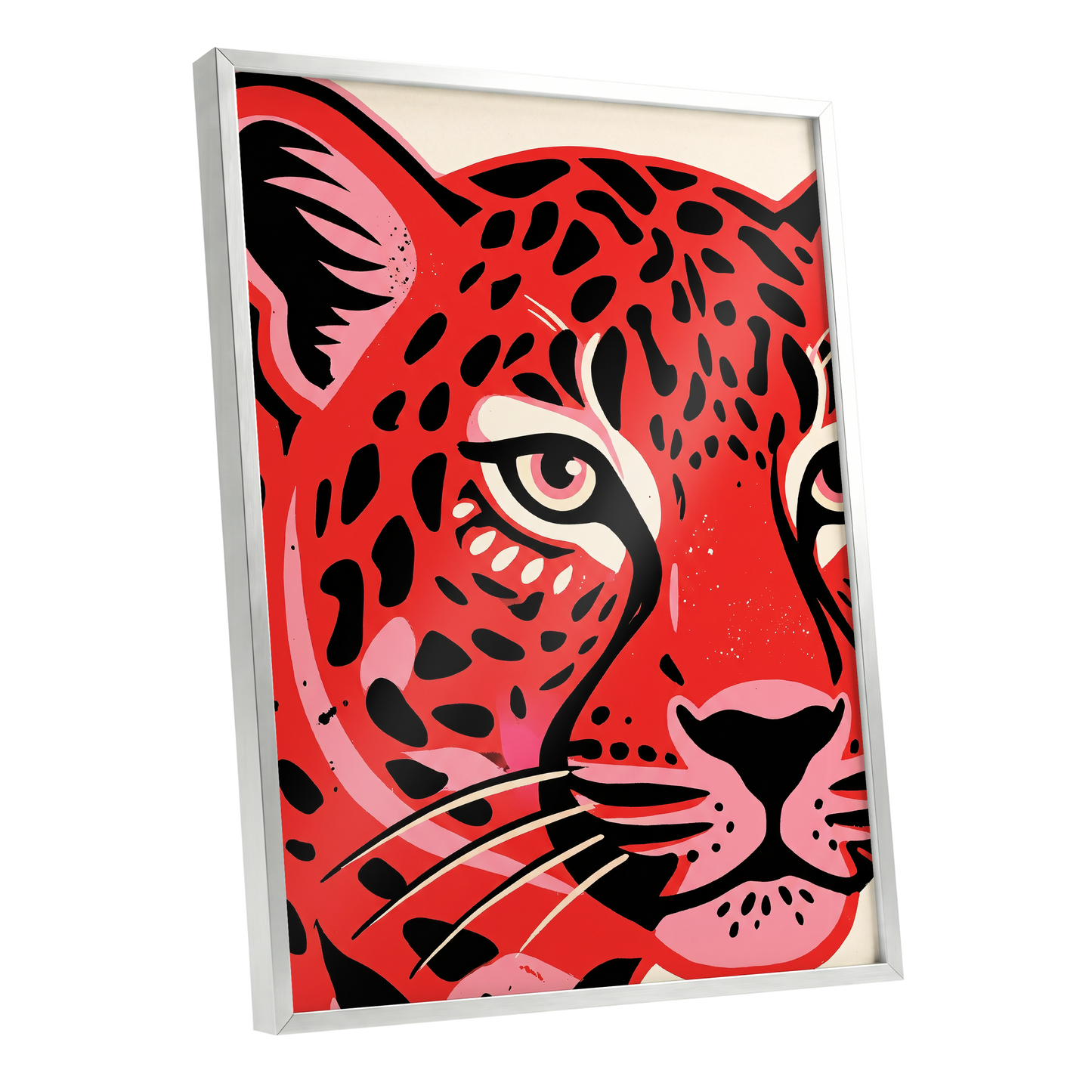 Scarlet Leopard Gaze, red, black, pink nature wall art shown as a silver framed poster wall art print