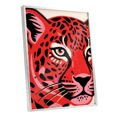 Scarlet Leopard Gaze, red, black, pink nature wall art shown as a silver framed poster wall art print