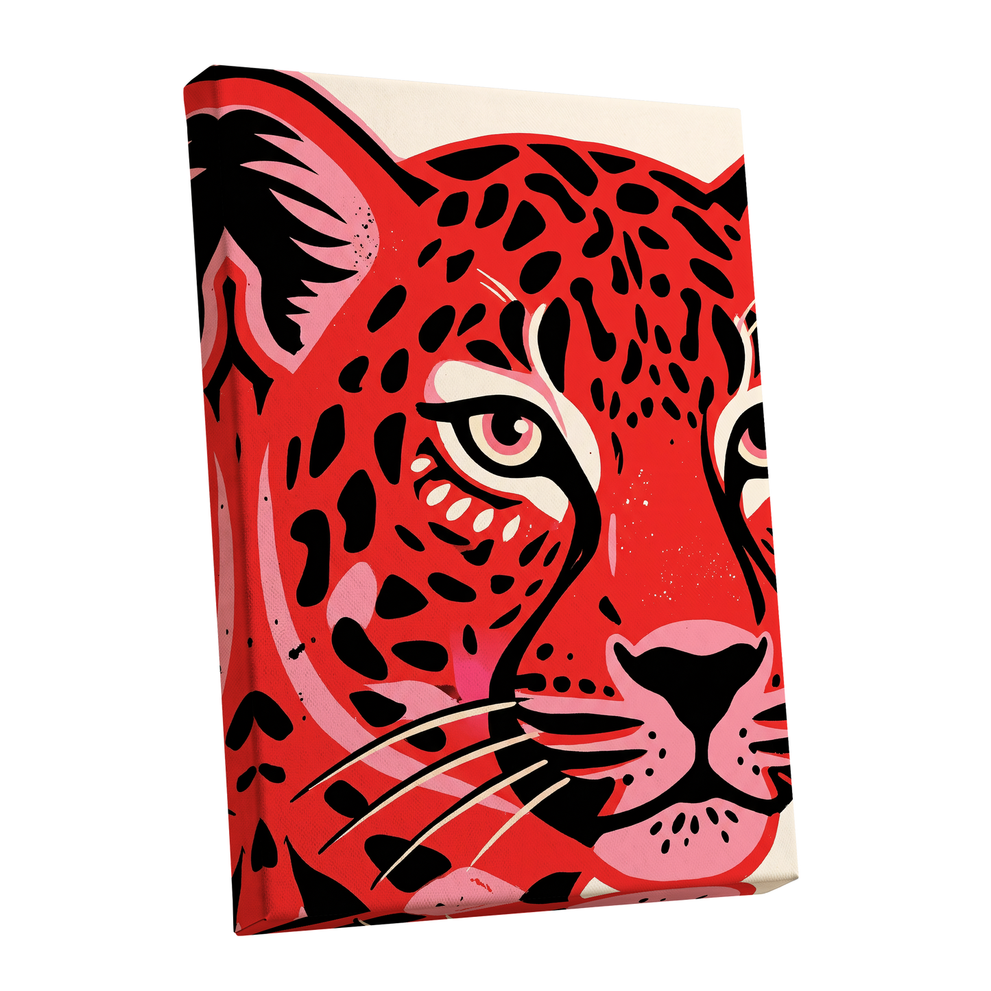 Scarlet Leopard Gaze, red, black, pink nature wall art shown as a stretched canvas wall art