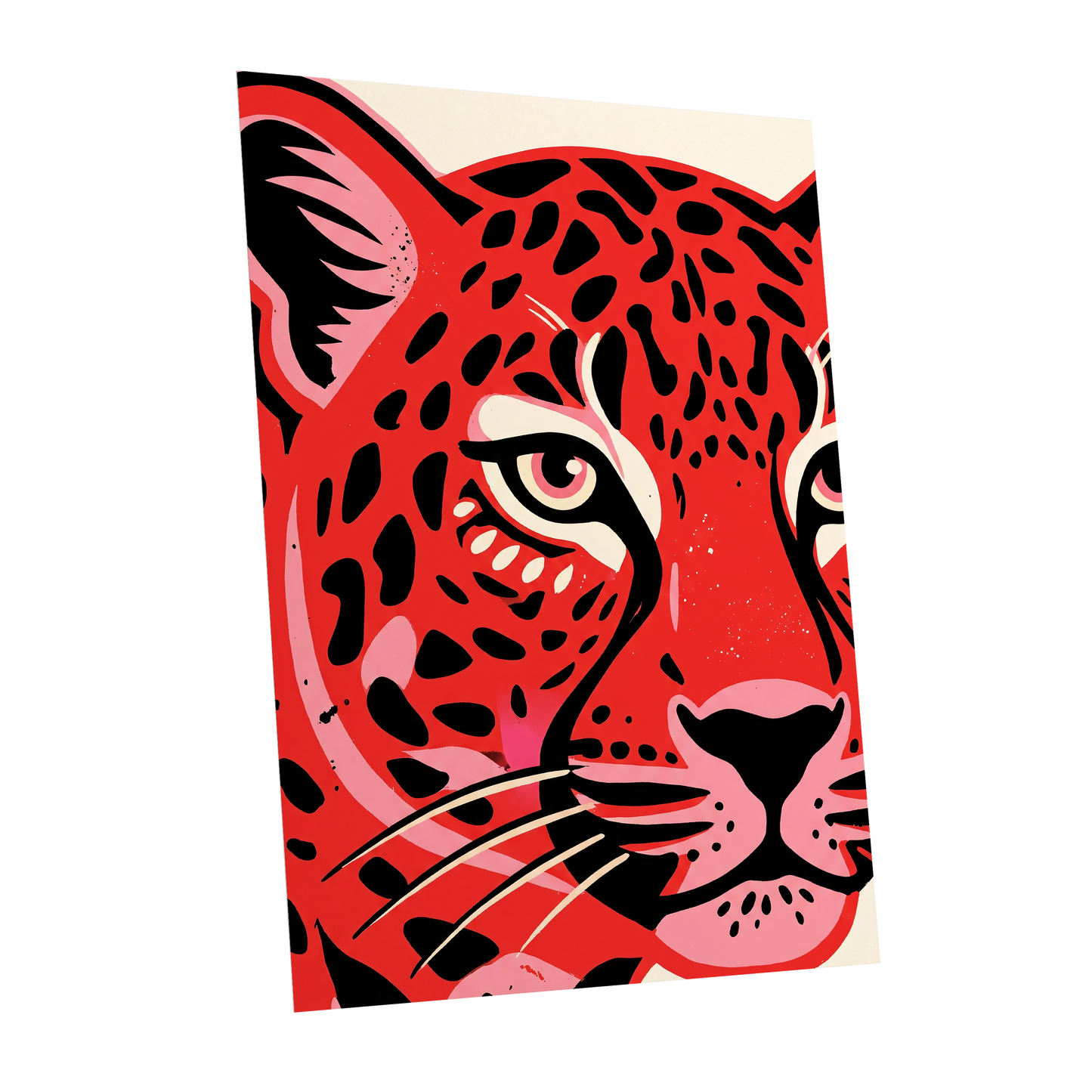 Scarlet Leopard Gaze, red, black, pink nature wall art shown as a unframed poster wall art print