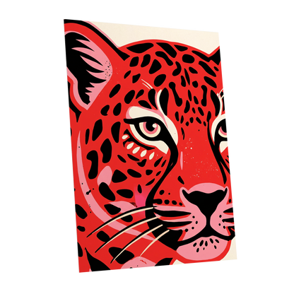 Scarlet Leopard Gaze, red, black, pink nature wall art shown as a unframed poster wall art print