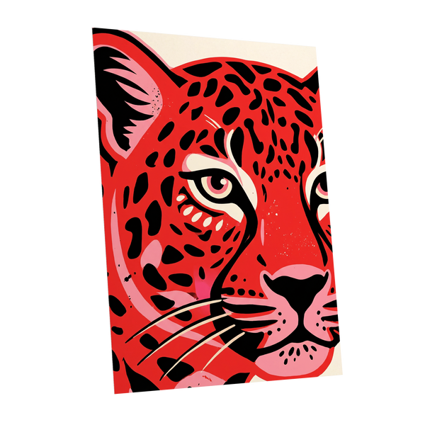 Scarlet Leopard Gaze, red, black, pink nature wall art shown as a unframed poster wall art print