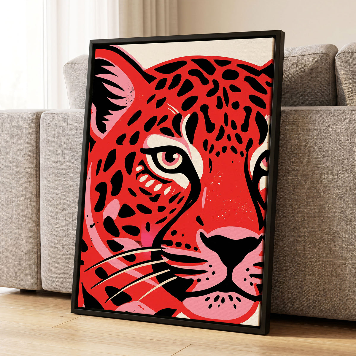 Scarlet Leopard Gaze, red, black, pink nature wall art displayed in a styled interior, gallery view 1