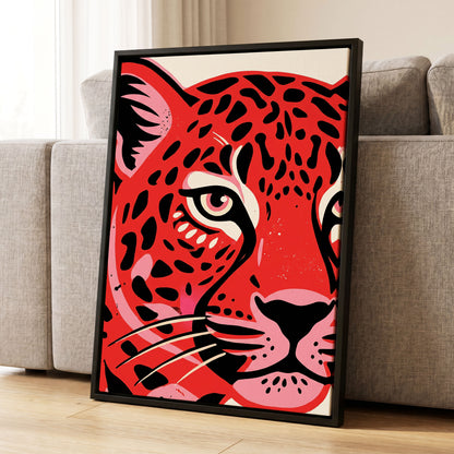 Scarlet Leopard Gaze, red, black, pink nature wall art displayed in a styled interior, gallery view 1