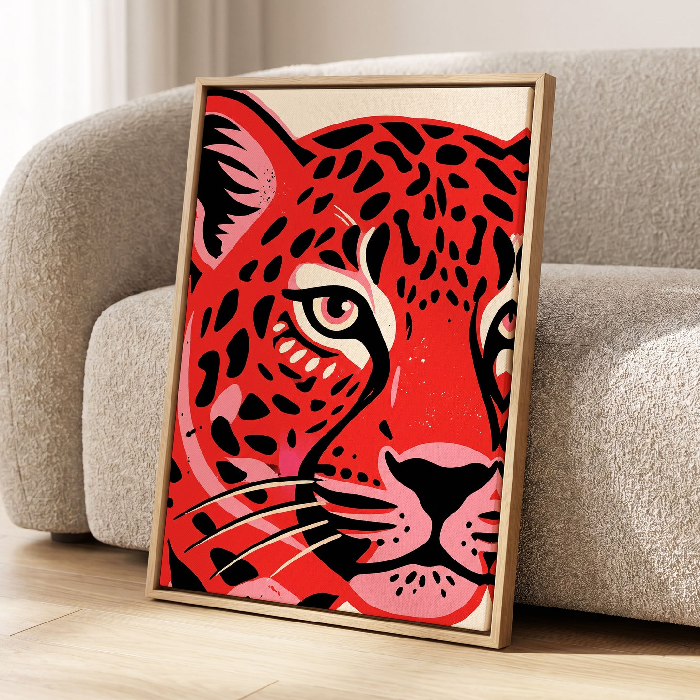 Scarlet Leopard Gaze, red, black, pink nature wall art displayed in a styled interior, gallery view 2