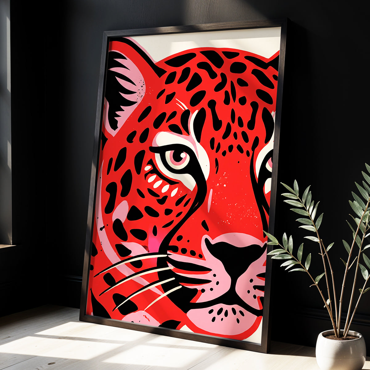 Scarlet Leopard Gaze, red, black, pink nature wall art displayed in a styled interior, gallery view 3
