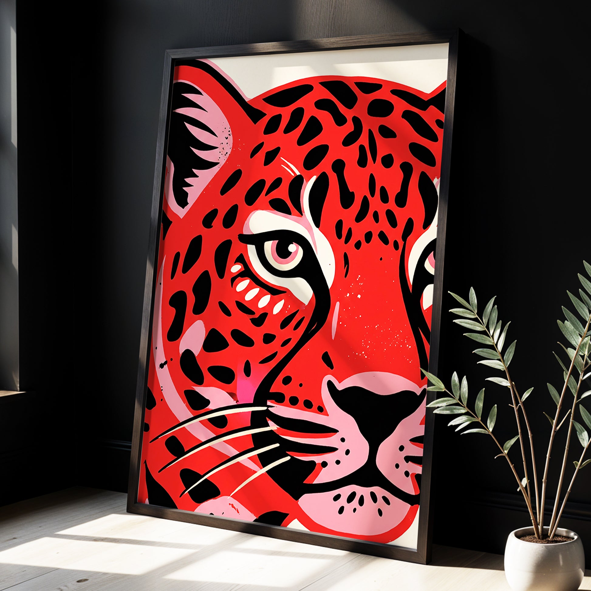 Scarlet Leopard Gaze, red, black, pink nature wall art displayed in a styled interior, gallery view 3