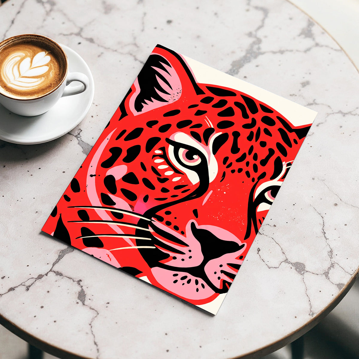 Scarlet Leopard Gaze, red, black, pink nature wall art displayed in a styled interior, gallery view 4