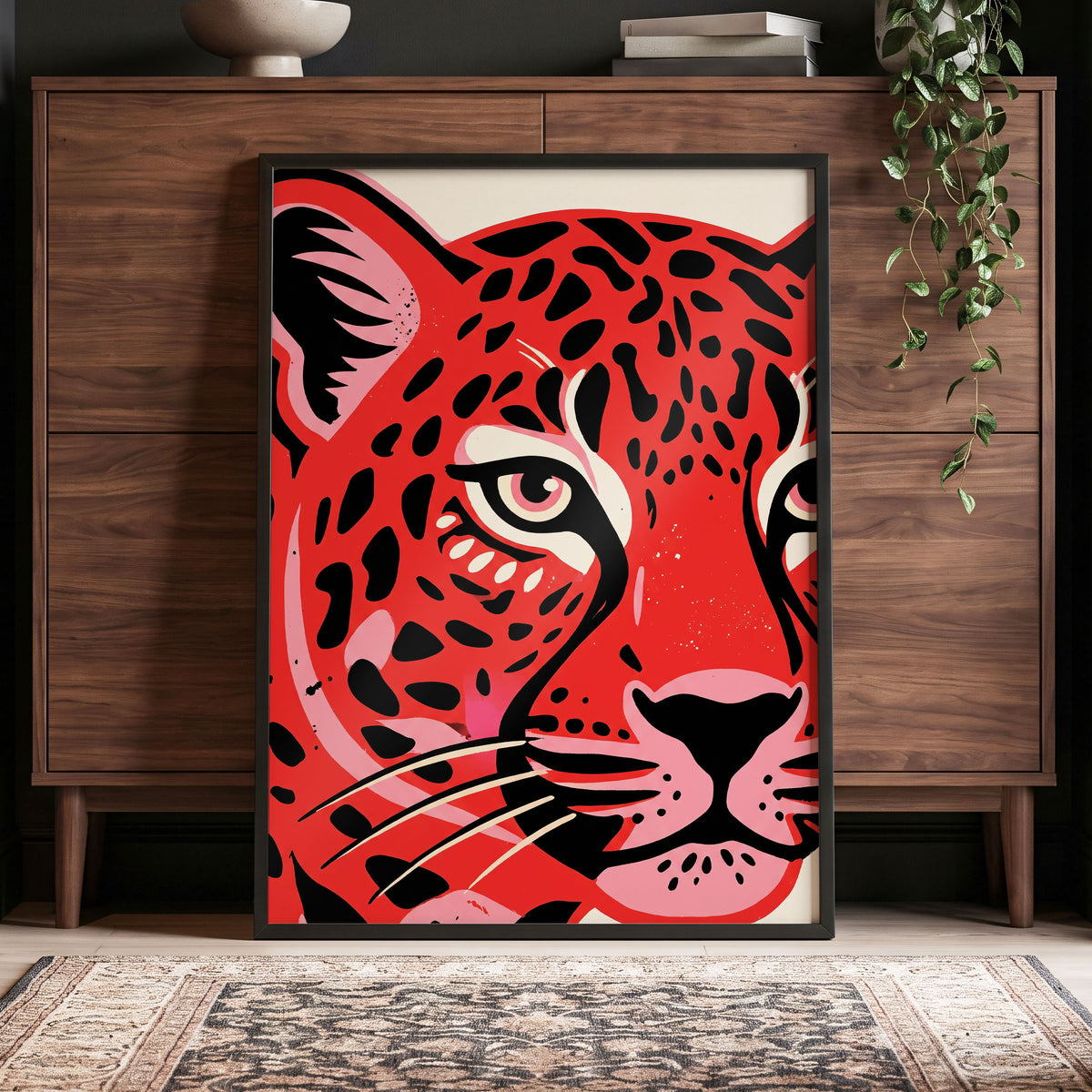 Scarlet Leopard Gaze, red, black, pink nature wall art displayed in a styled interior, gallery view 5